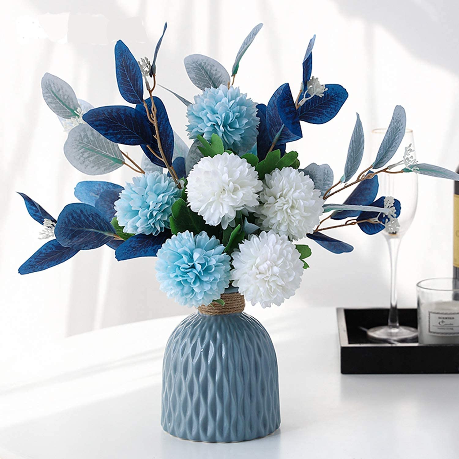 LNGODEHO Flores artificiais com vaso arranjos de flores falsas para decoração de mesa centros de mesa para sala de jantar - azul marinho