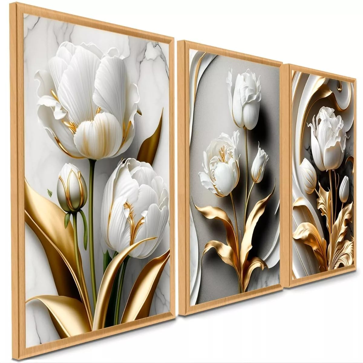 Quadro Decorativo Flor Tulipa Branca Dourada Ouro Trio 3 Peças